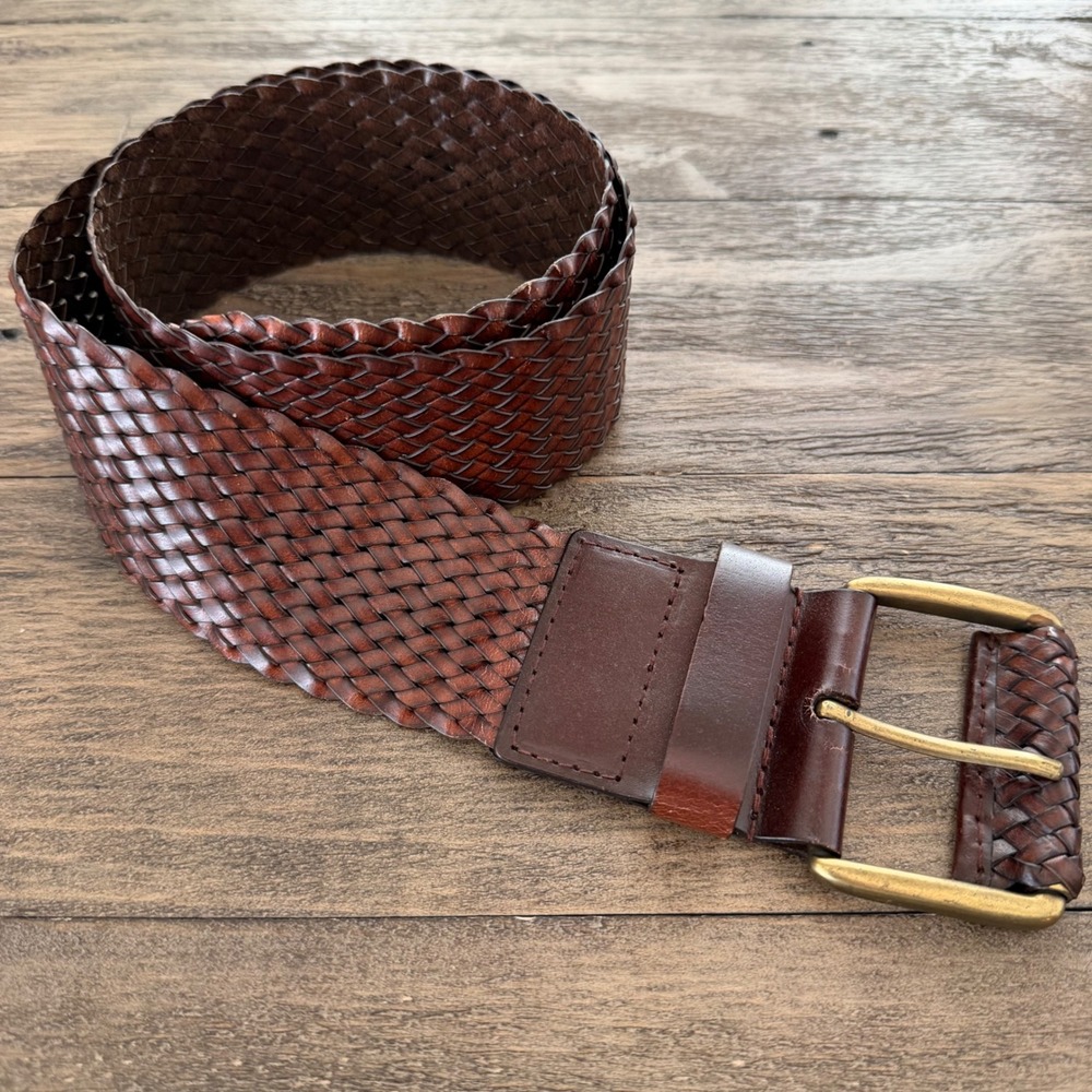 Womens Brown Braided Wide Waist Belt Bonded Leather Antique Gold Buckle‎ Large